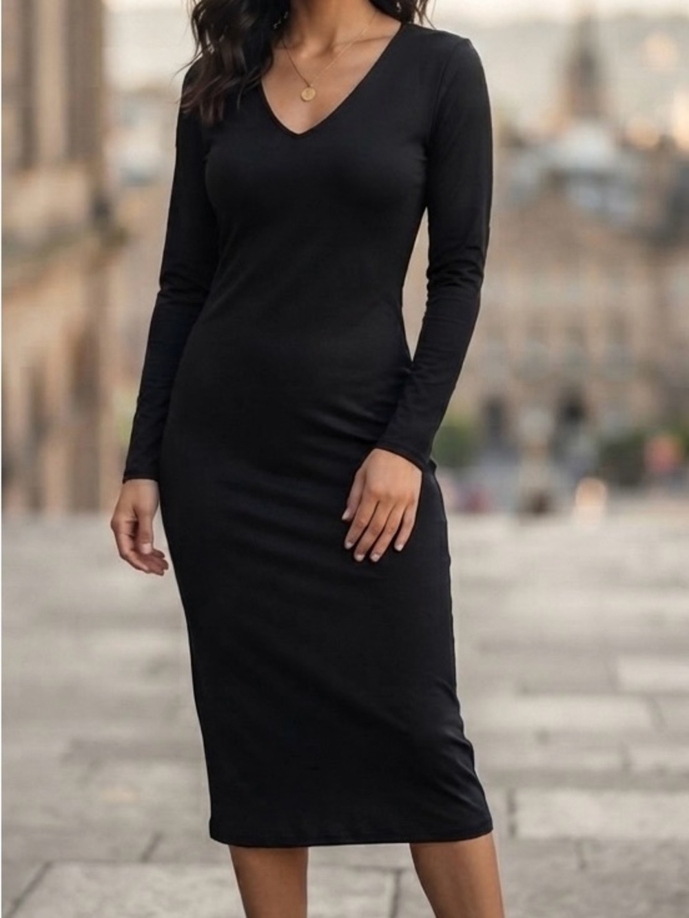 New Black Long Sleeve Bodycon Dress V-Neck Midi Casual Chic Basic Sz Lrg A7-060